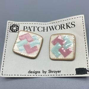 Patchworks quilting Handmade Ceramic vintage‎ large post Earrings 80s Pink,Blue